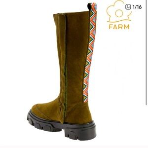FARM Rio Army Olive Green Knee-High Boots w/Vibrant embroidered Pattern